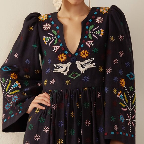Stunning Hand Beaded + Embroidered Silk Savannah Lovebird Dress - Picture 1 of 12